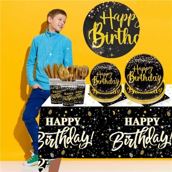 birthday plates and napkins party supplies - (Total 169pcs) balck gold birthday - Picture 5 of 6